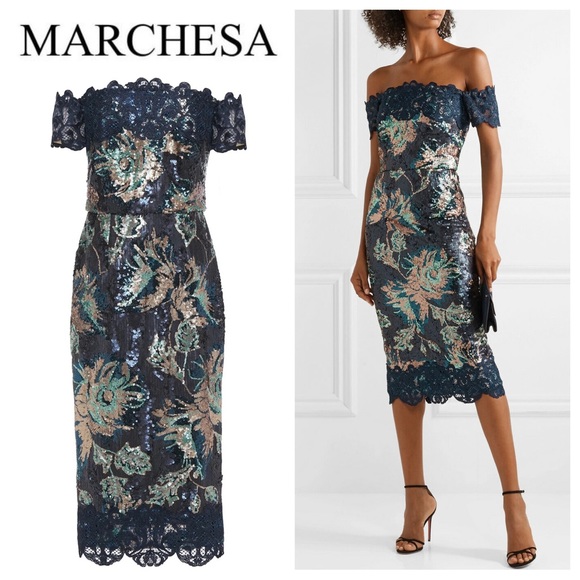MARCHESA NOTTE Off-the-Shoulder Sequined Cocktail Dress with Guipure Lace - Picture 1 of 5